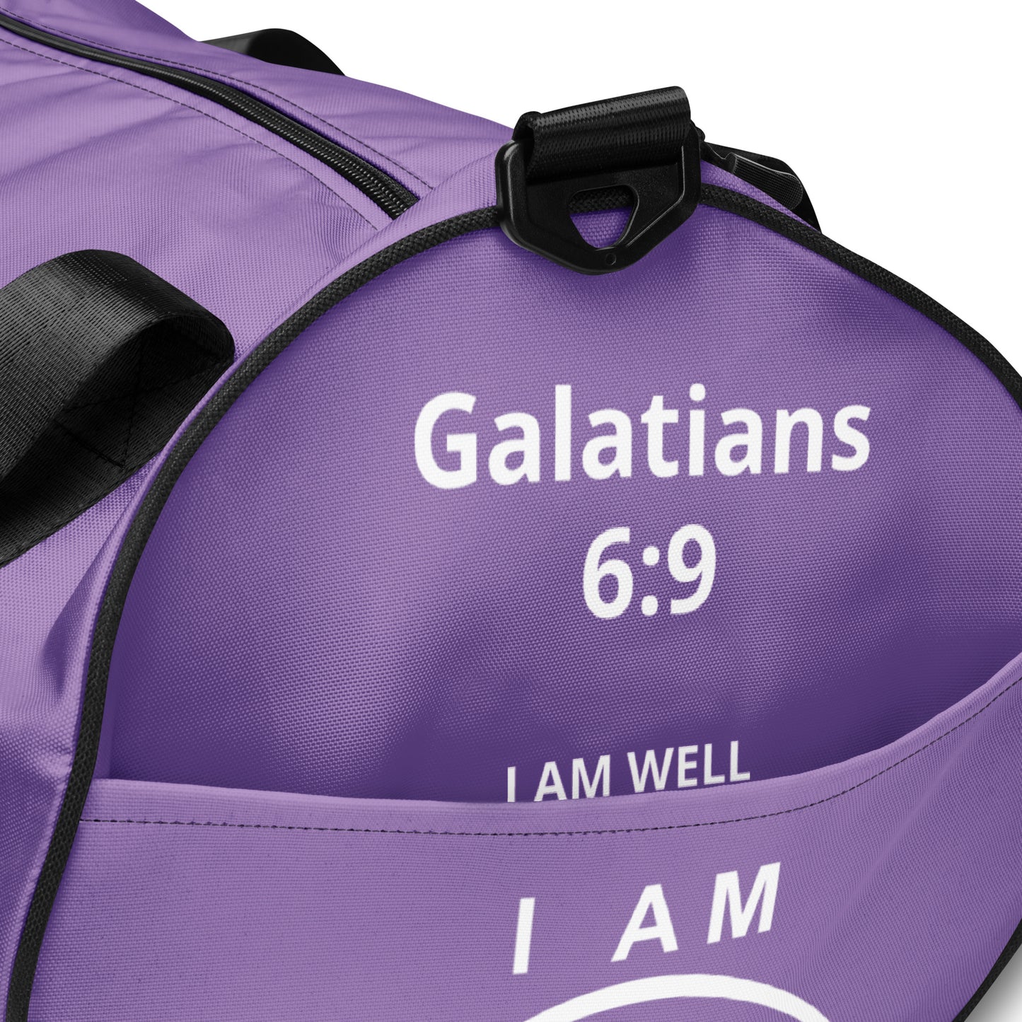 I AM WELL Women's Gym Bag - Purple w/ White Logo & Galatians 6:9