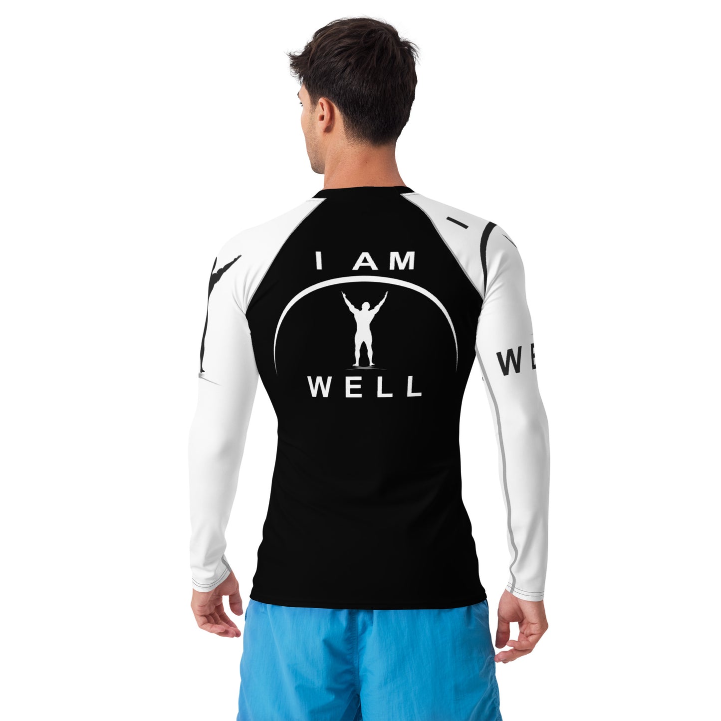 I AM WELL Men's Rash Guard - Black and White w/ White and (Large Arm) Black Logo