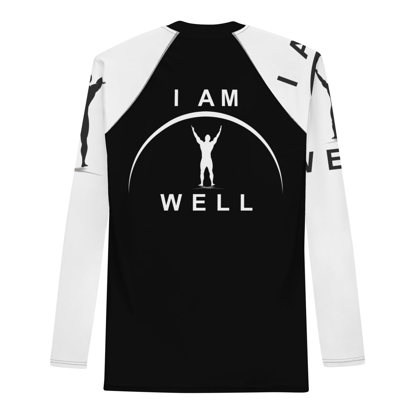 I AM WELL Men's Rash Guard - Black and White w/ White and (Large Arm) Black Logo