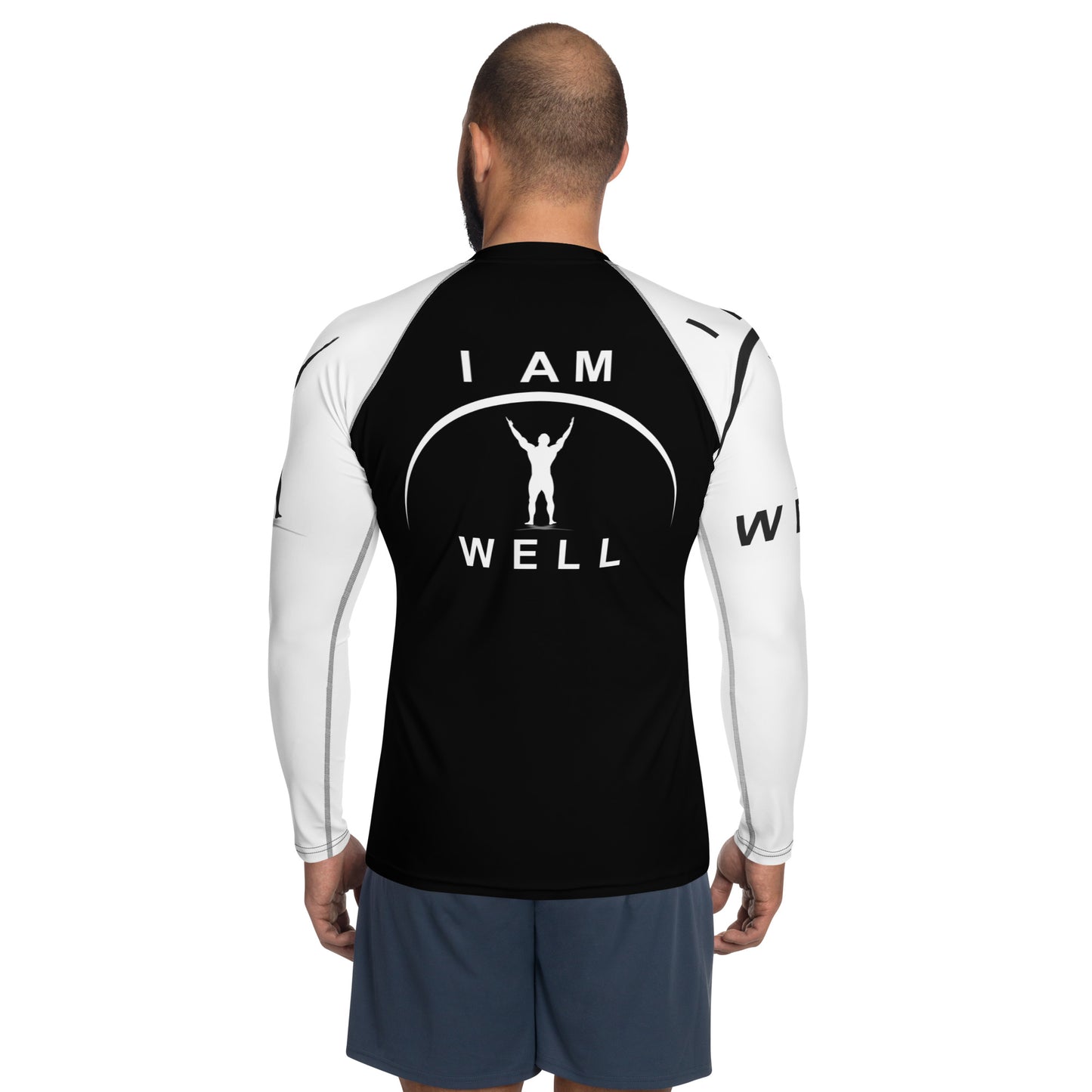 I AM WELL Men's Rash Guard - Black and White w/ White and (Large Arm) Black Logo