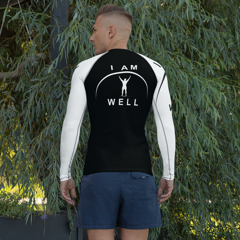 I AM WELL Men's Rash Guard - Black and White w/ White and (Large Arm) Black Logo