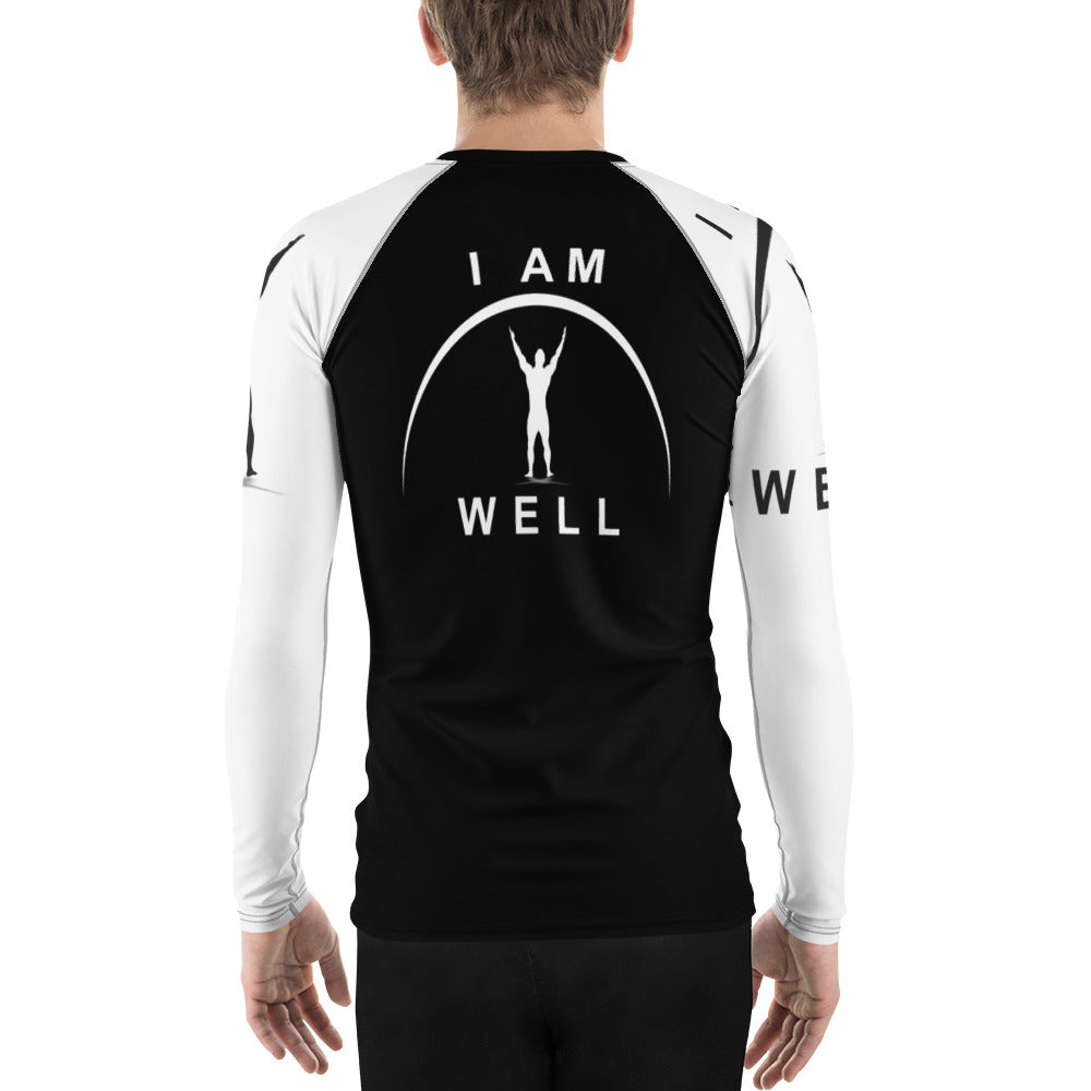 I AM WELL Men's Rash Guard - Black and White w/ White and (Large Arm) Black Logo