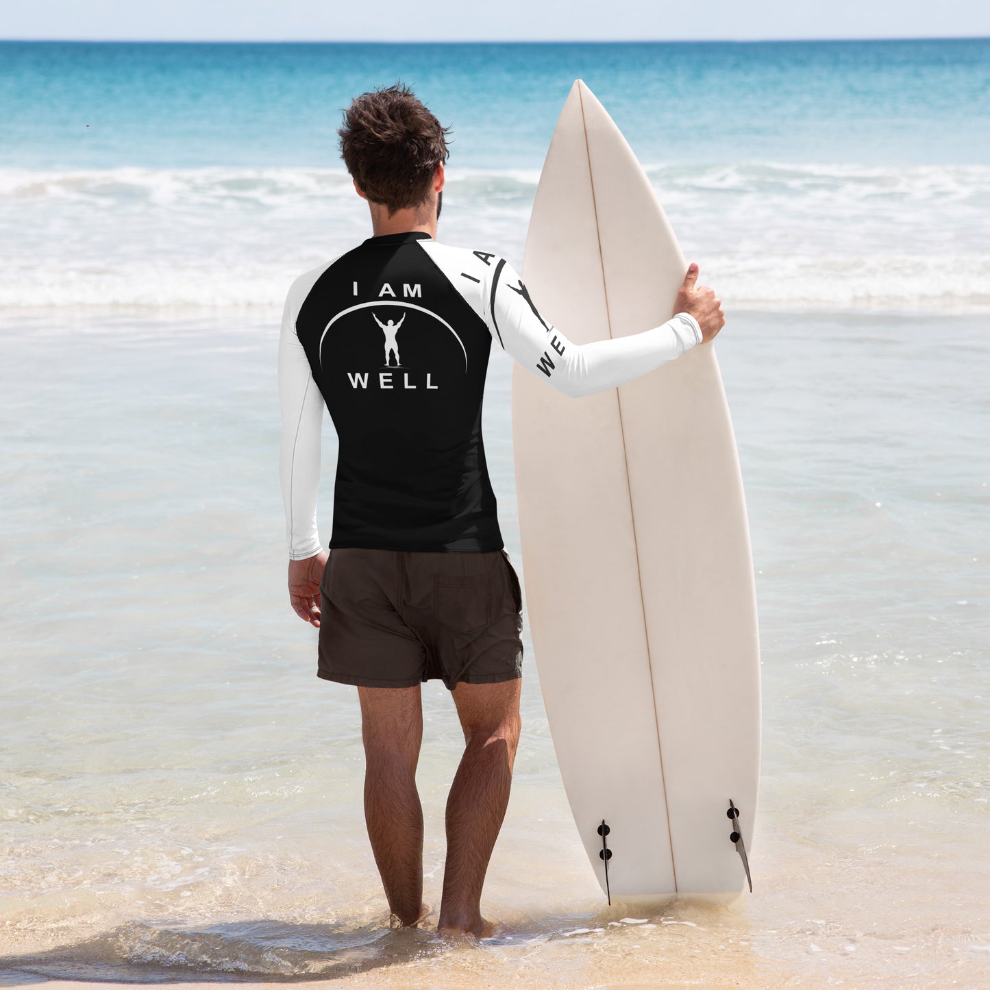 I AM WELL Men's Rash Guard - Black and White w/ White and (Large Arm) Black Logo