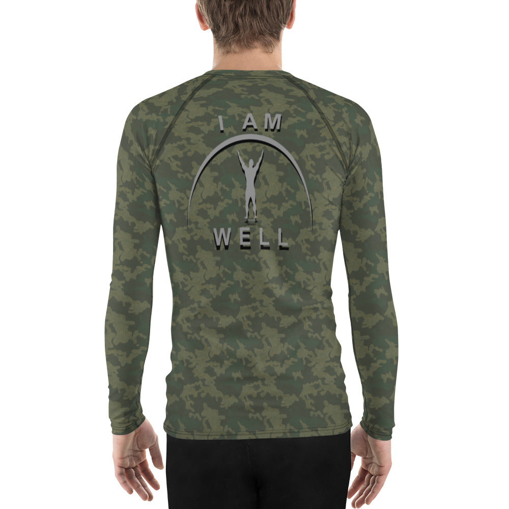 I AM WELL Men's Rash Guard - American Woodland Camo w/ Grey shadow logo, Strong & Courageous