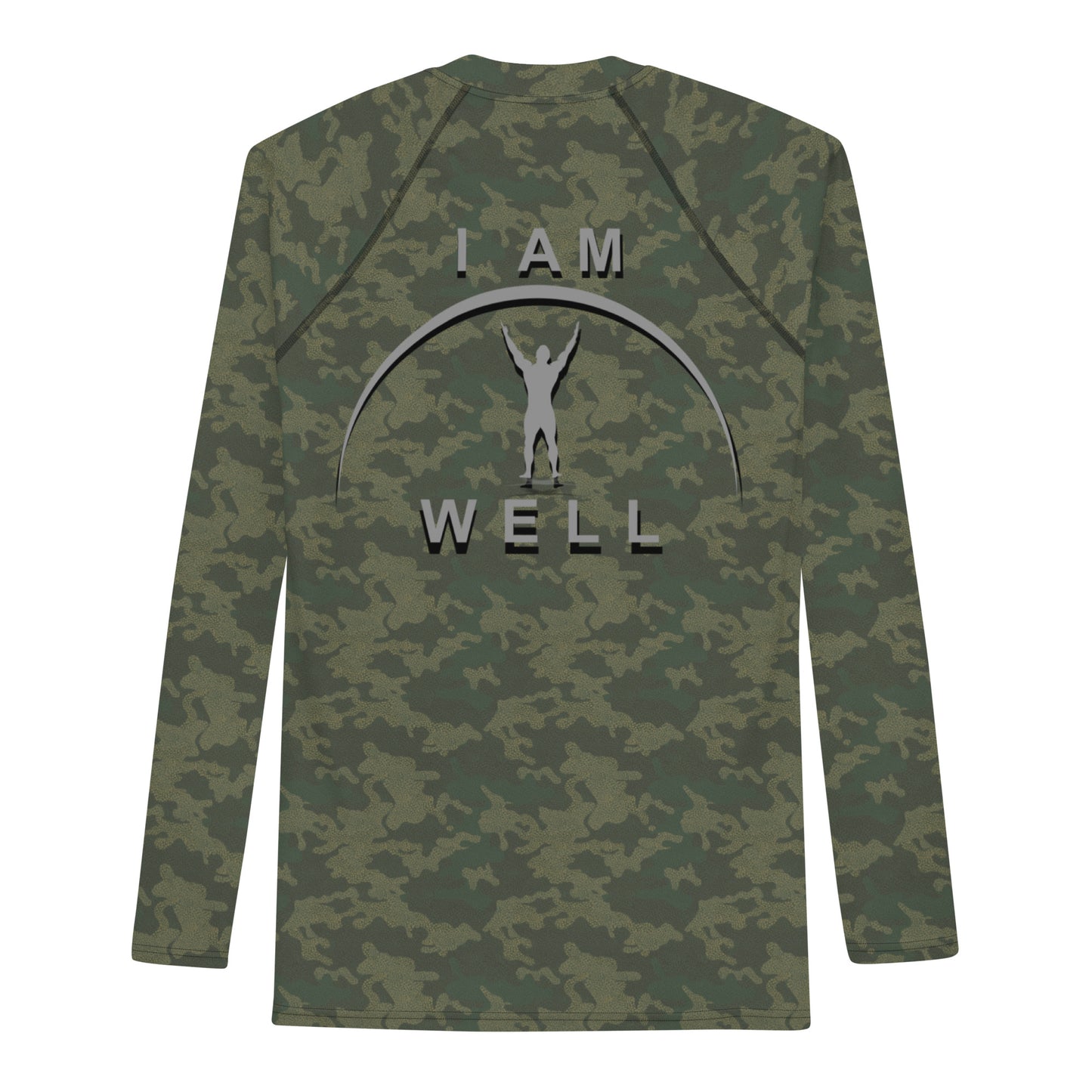 I AM WELL Men's Rash Guard - American Woodland Camo w/ Grey shadow logo, Strong & Courageous