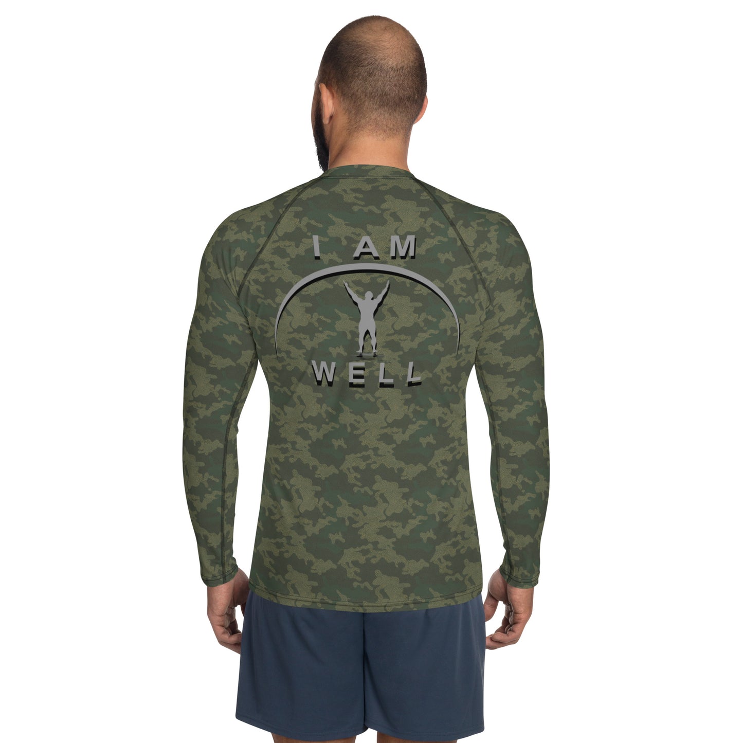 I AM WELL Men's Rash Guard - American Woodland Camo w/ Grey shadow logo, Strong & Courageous