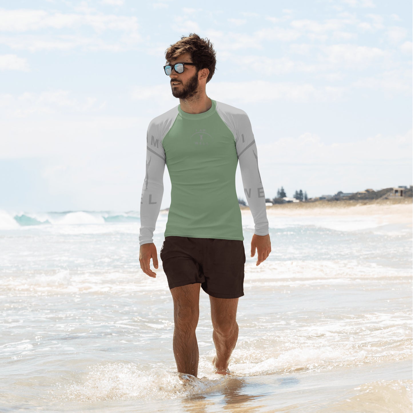 I AM WELL Men's Rash Guard - Earth Green and Grey w/ Grey Logo