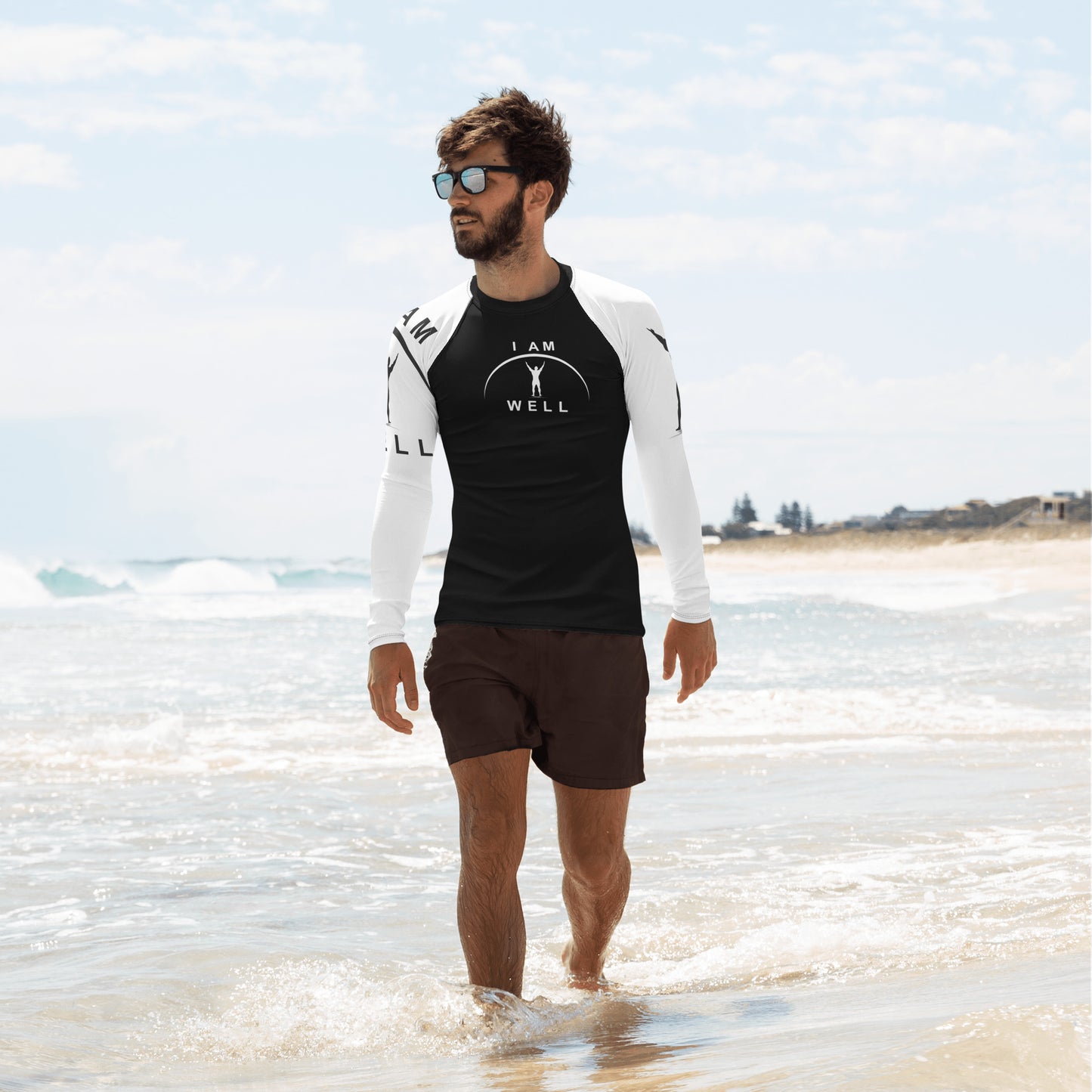 I AM WELL Men's Rash Guard - Black and White w/ White and (Large Arm) Black Logo