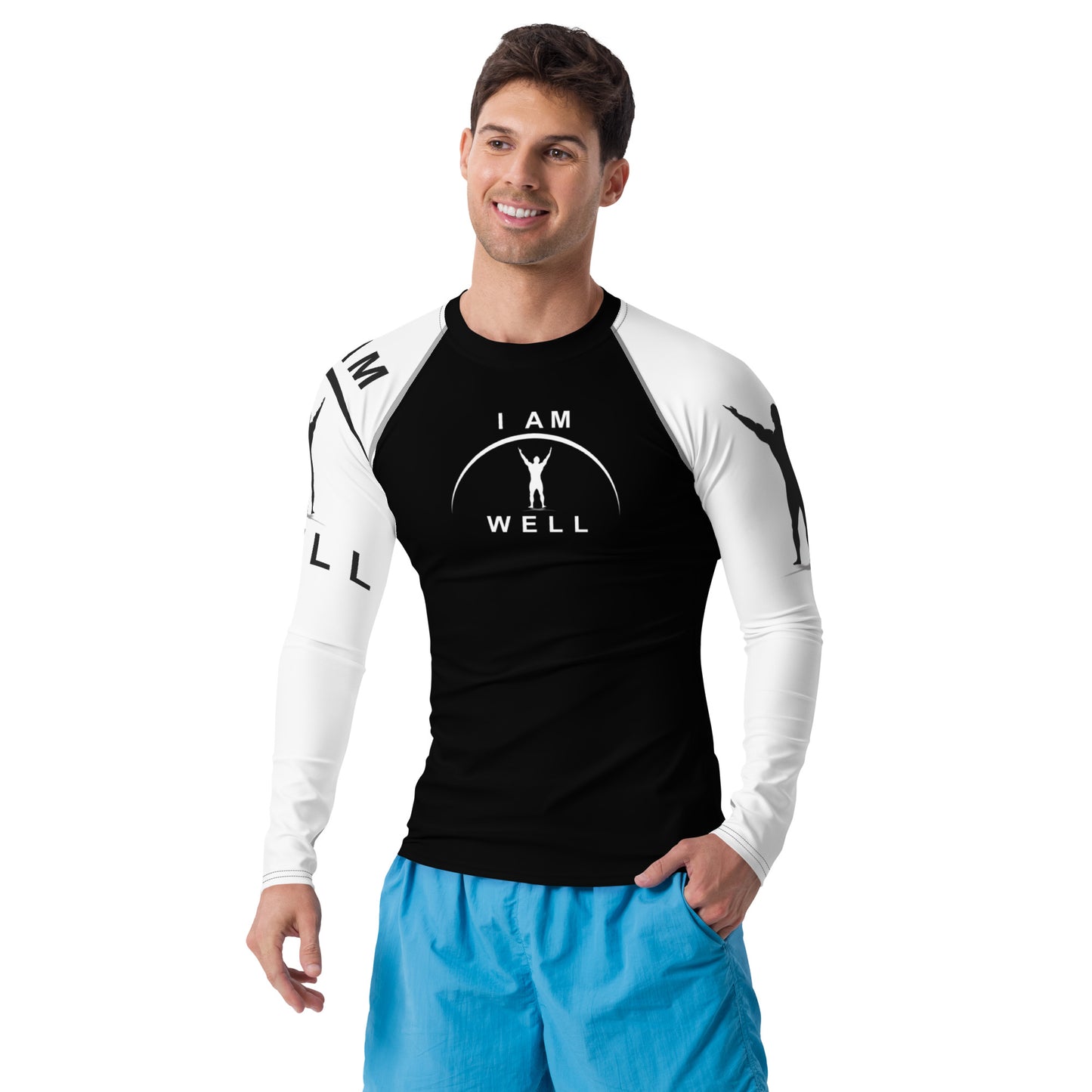 I AM WELL Men's Rash Guard - Black and White w/ White and (Large Arm) Black Logo