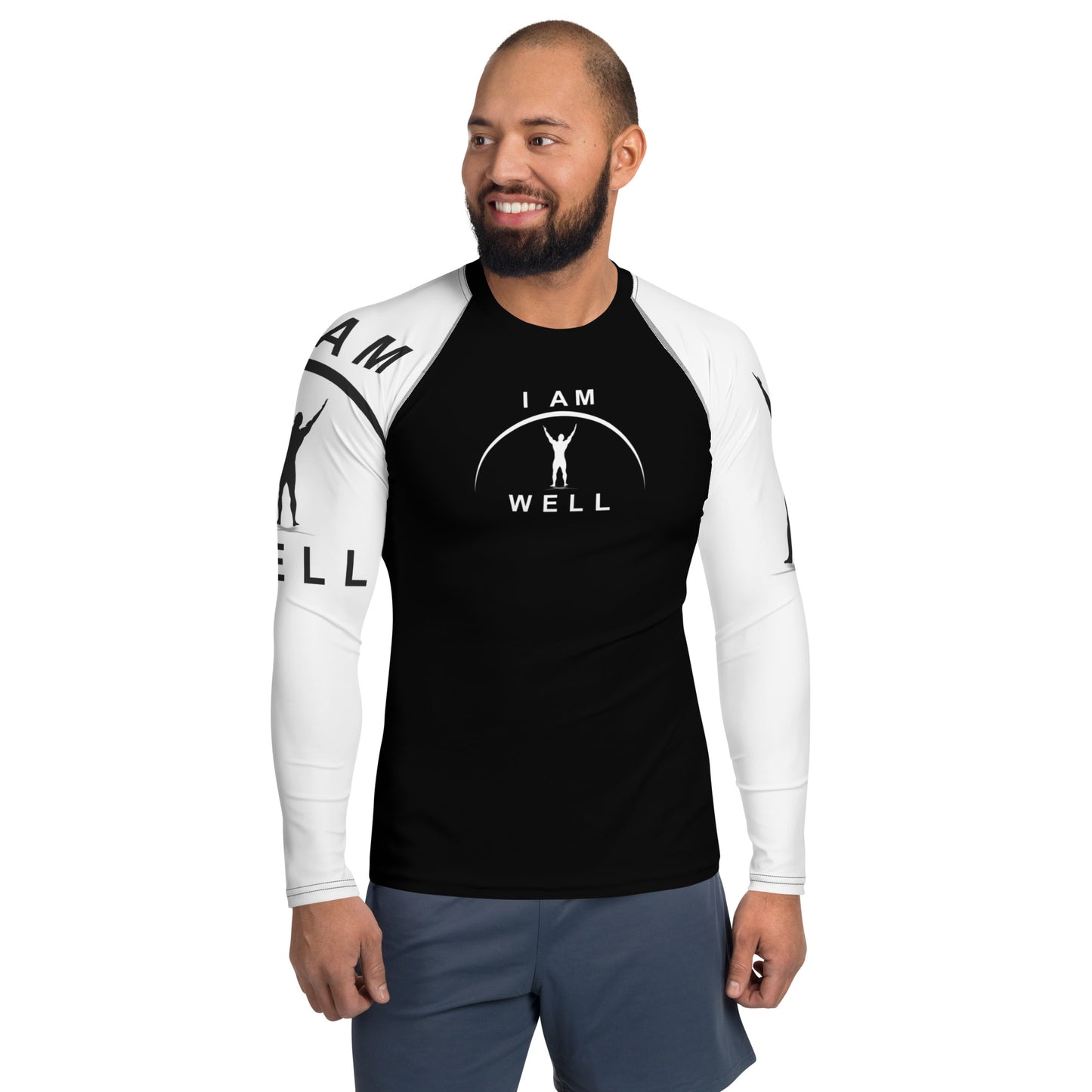 I AM WELL Men's Rash Guard - Black and White w/ White and (Large Arm) Black Logo