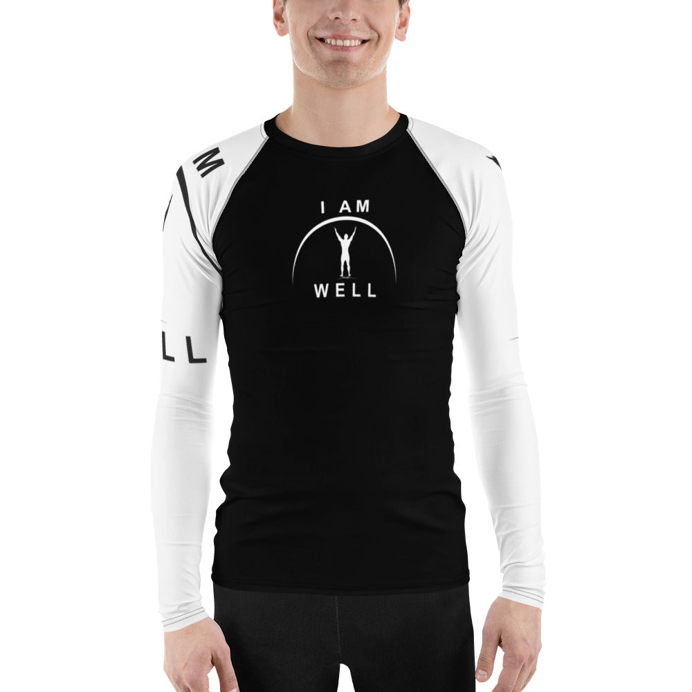 I AM WELL Men's Rash Guard - Black and White w/ White and (Large Arm) Black Logo