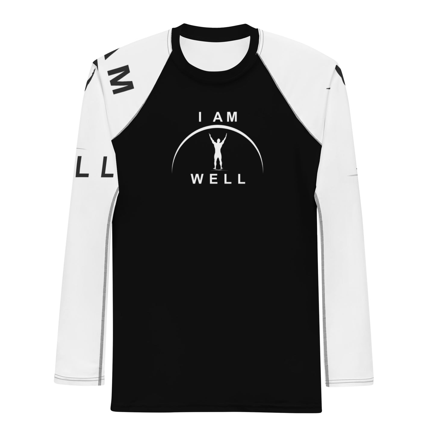 I AM WELL Men's Rash Guard - Black and White w/ White and (Large Arm) Black Logo