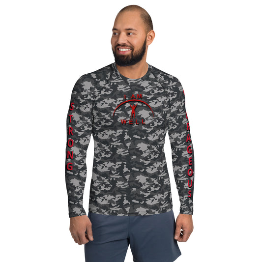 I AM WELL Men's Rash Guard - Midnight Camo w/ Red Logo, Strong & Courageous