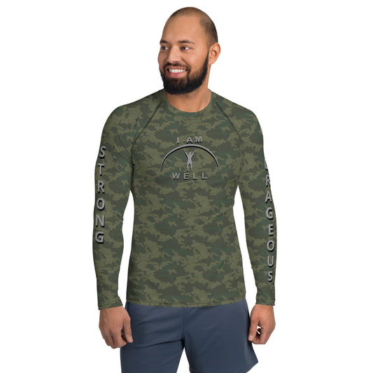 I AM WELL Men's Rash Guard - American Woodland Camo w/ Grey shadow logo, Strong & Courageous