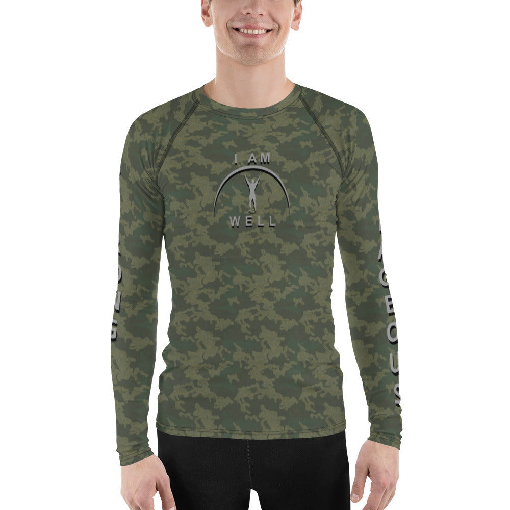 I AM WELL Men's Rash Guard - American Woodland Camo w/ Grey shadow logo, Strong & Courageous