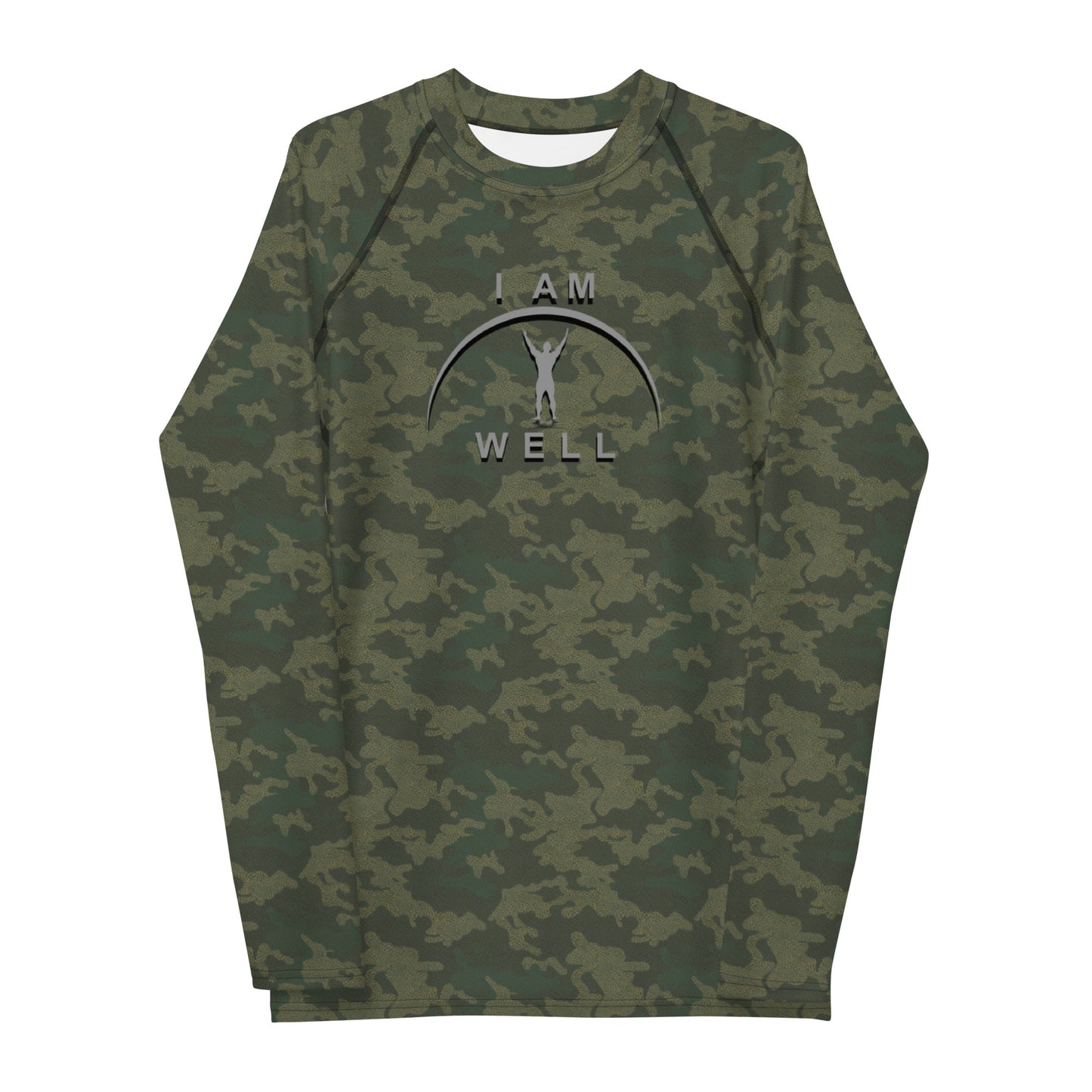 I AM WELL Men's Rash Guard - American Woodland Camo w/ Grey shadow logo, Strong & Courageous