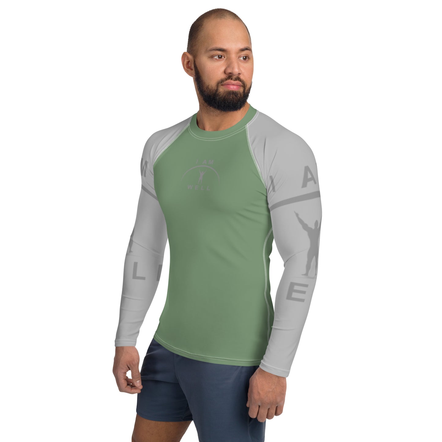 I AM WELL Men's Rash Guard - Earth Green and Grey w/ Grey Logo