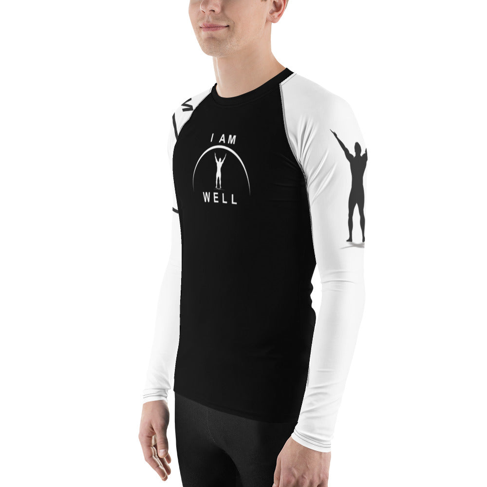 I AM WELL Men's Rash Guard - Black and White w/ White and (Large Arm) Black Logo