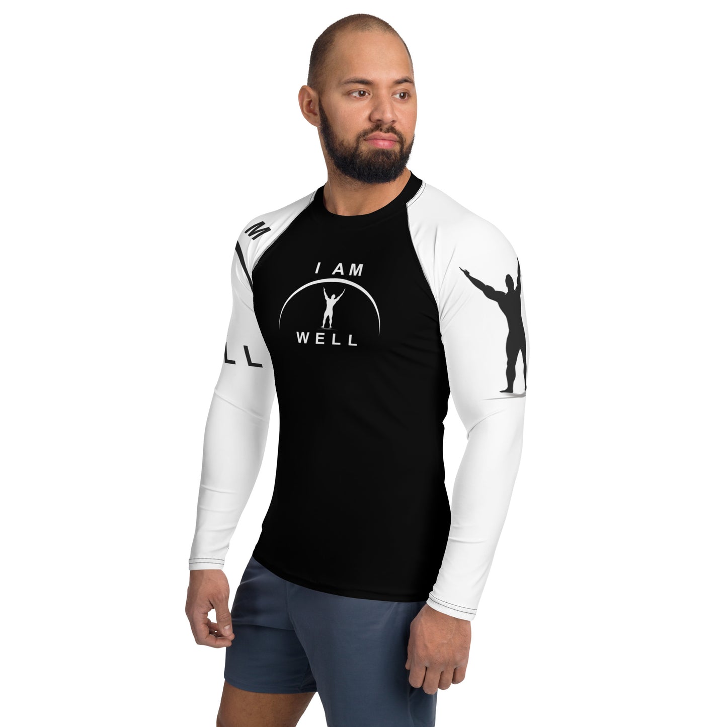 I AM WELL Men's Rash Guard - Black and White w/ White and (Large Arm) Black Logo