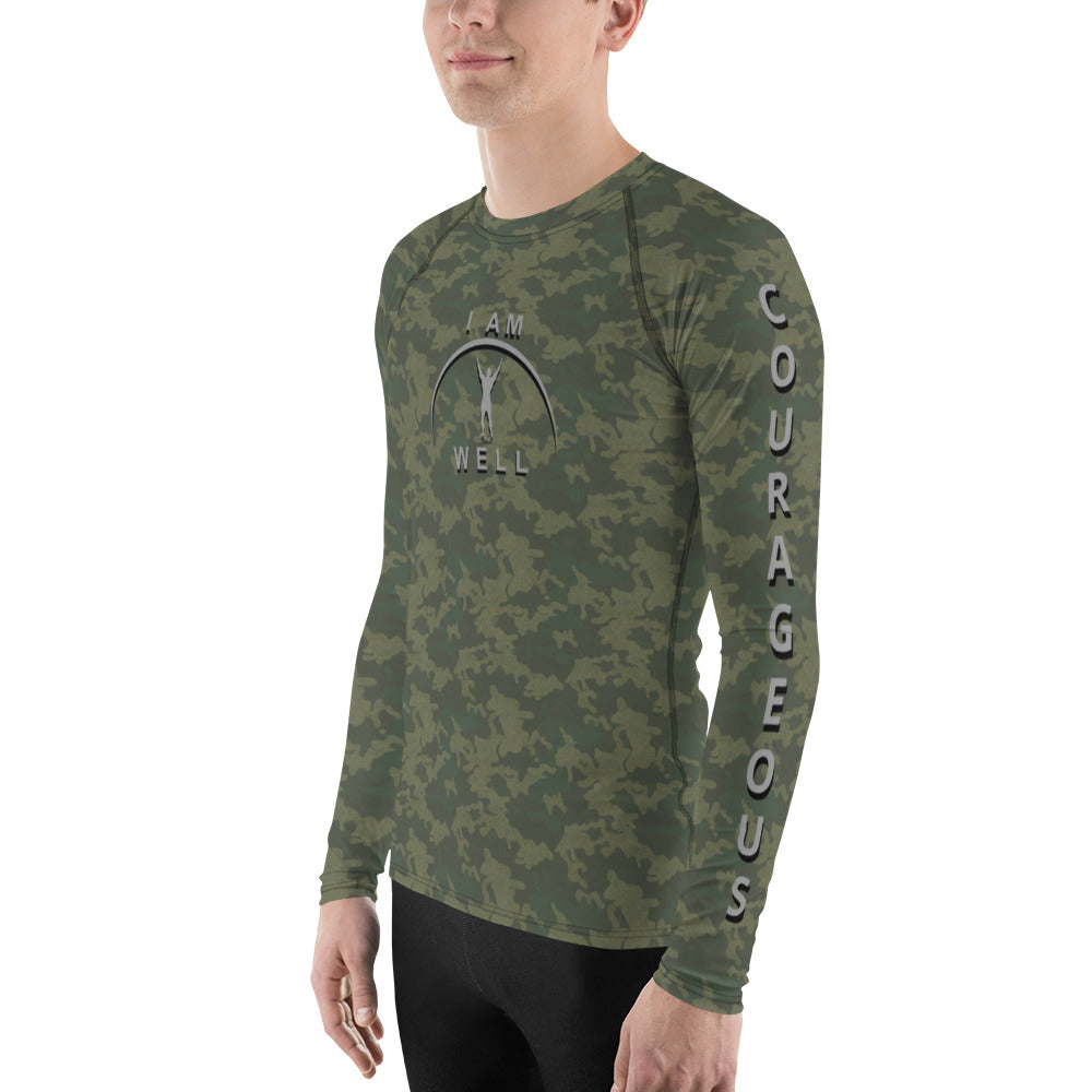 I AM WELL Men's Rash Guard - American Woodland Camo w/ Grey shadow logo, Strong & Courageous