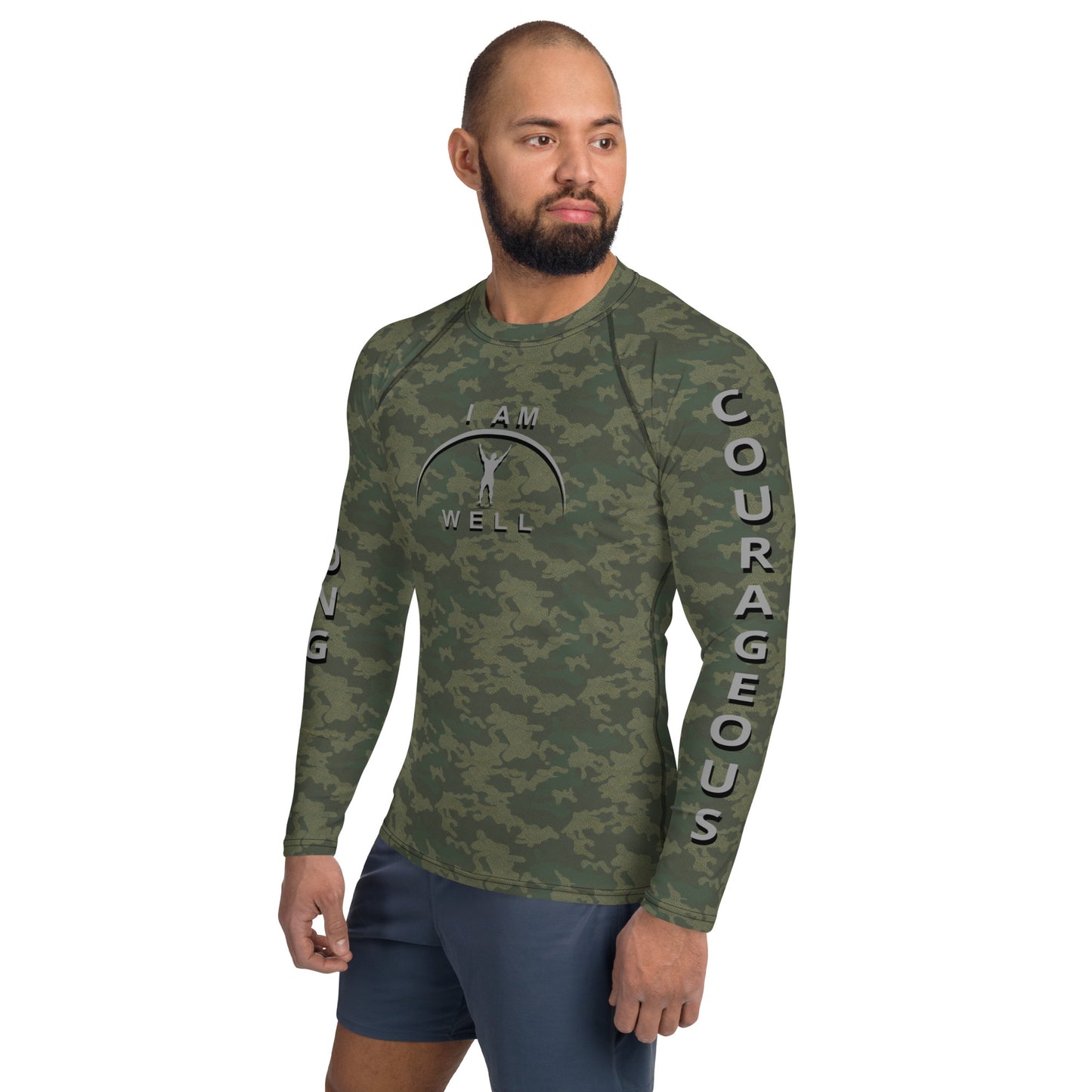 I AM WELL Men's Rash Guard - American Woodland Camo w/ Grey shadow logo, Strong & Courageous