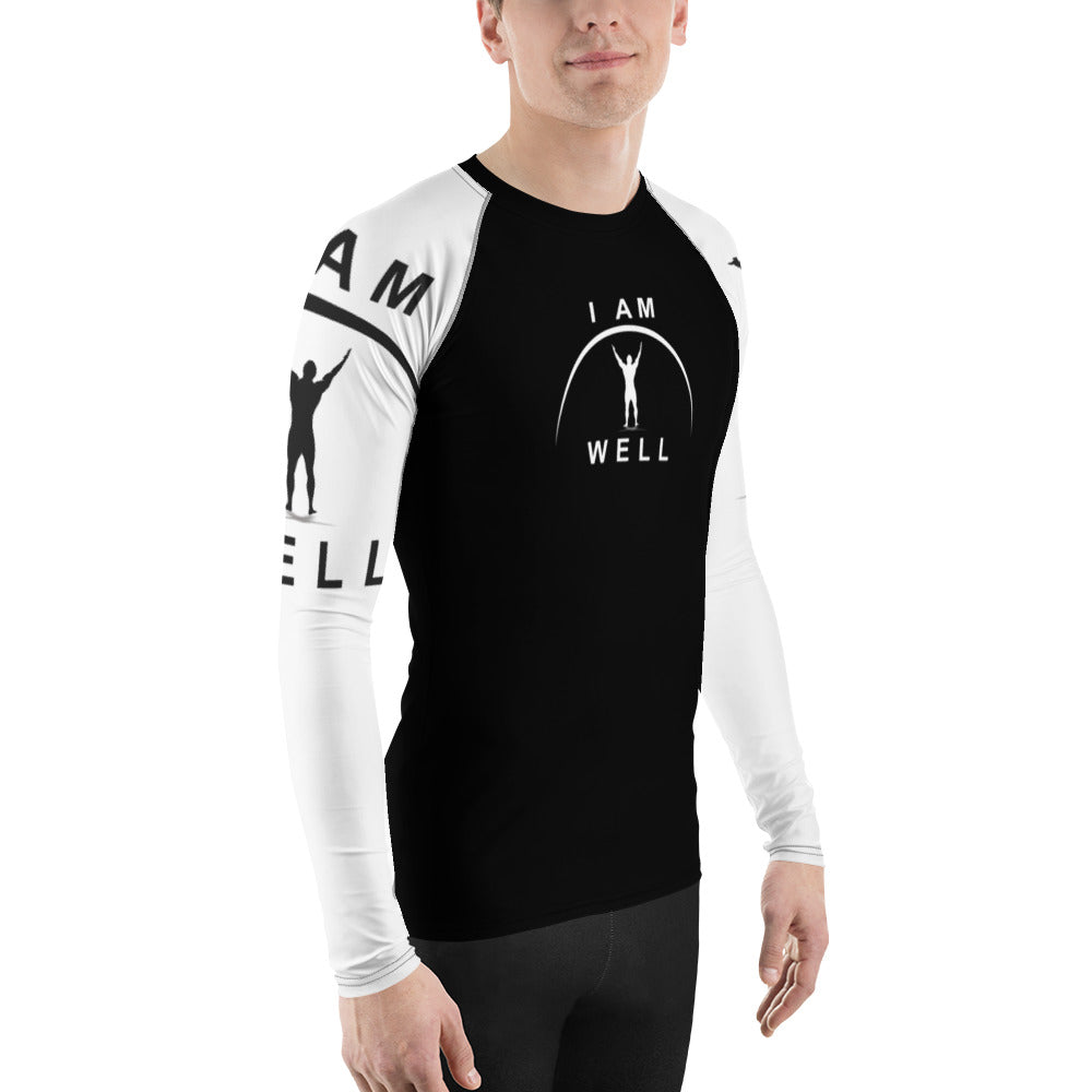 I AM WELL Men's Rash Guard - Black and White w/ White and (Large Arm) Black Logo