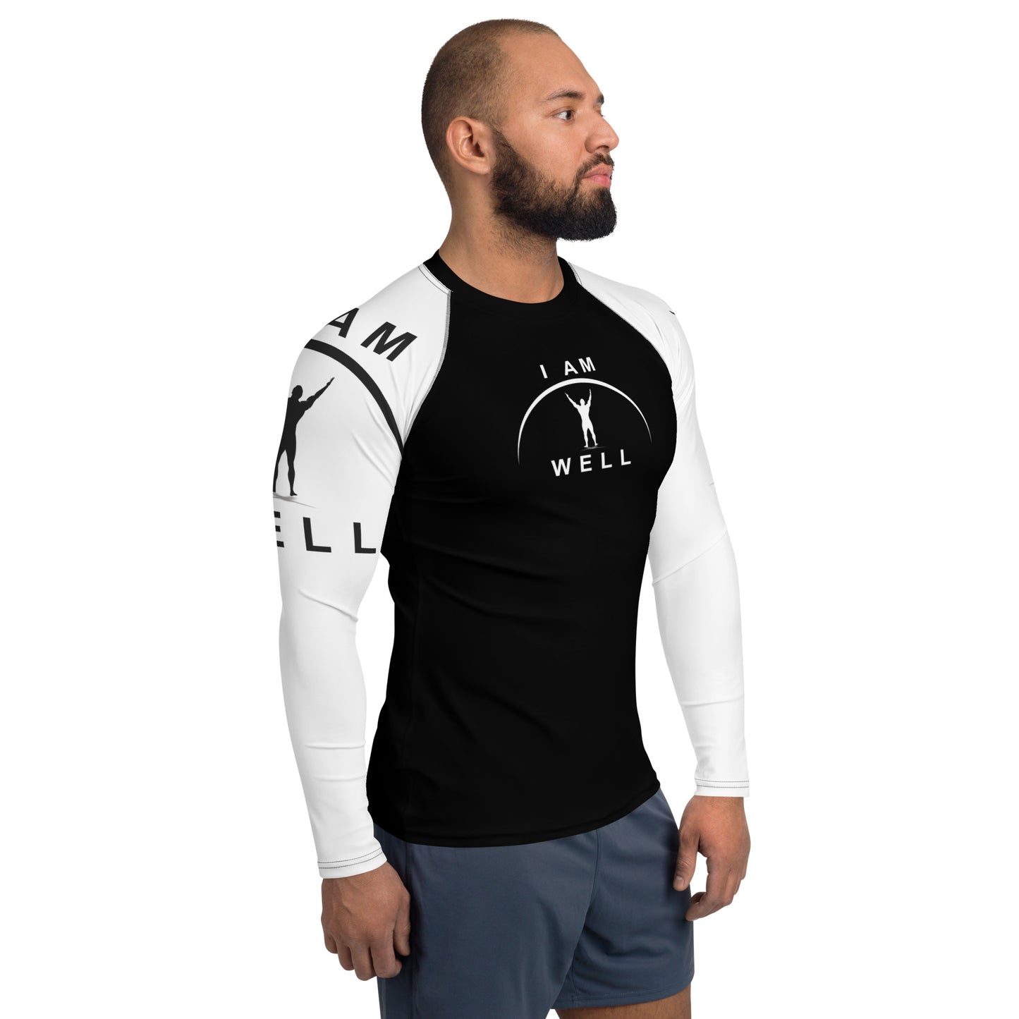 I AM WELL Men's Rash Guard - Black and White w/ White and (Large Arm) Black Logo