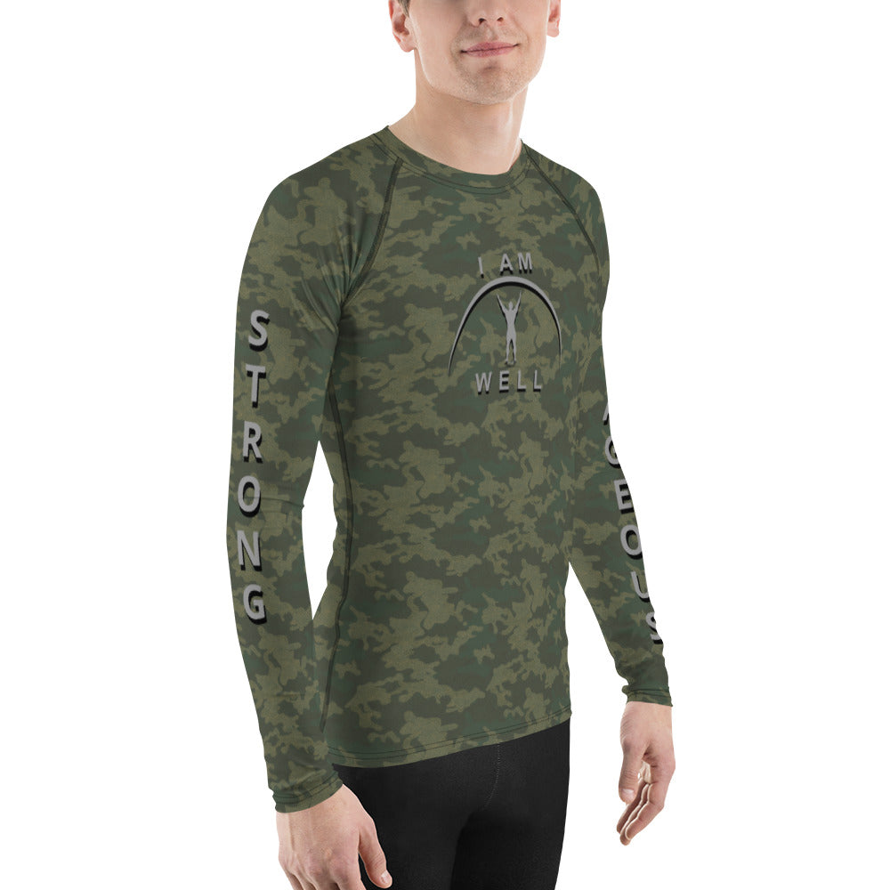 I AM WELL Men's Rash Guard - American Woodland Camo w/ Grey shadow logo, Strong & Courageous