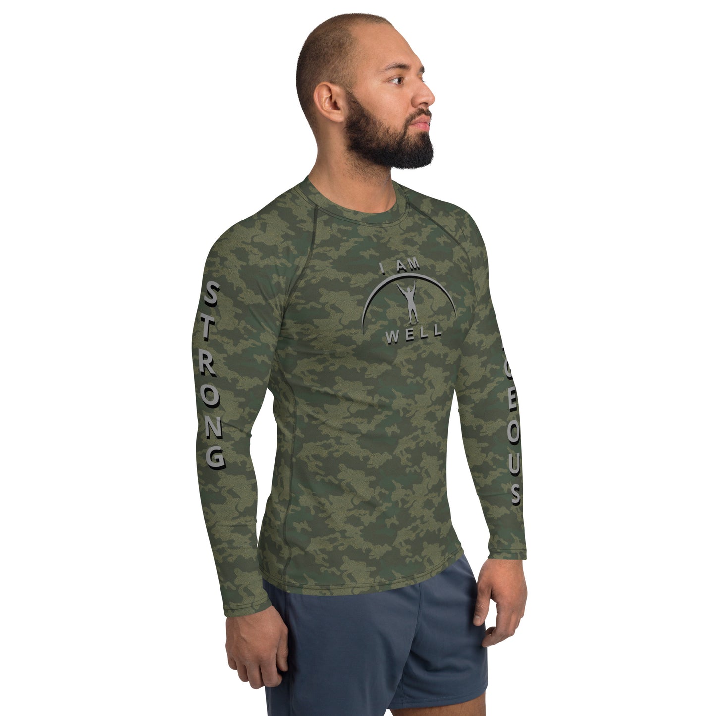 I AM WELL Men's Rash Guard - American Woodland Camo w/ Grey shadow logo, Strong & Courageous