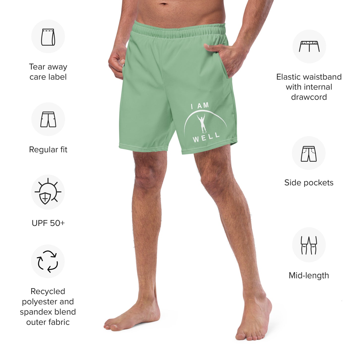 I AM WELL Men's Swim Trunks - Sea Green w/ White Logo