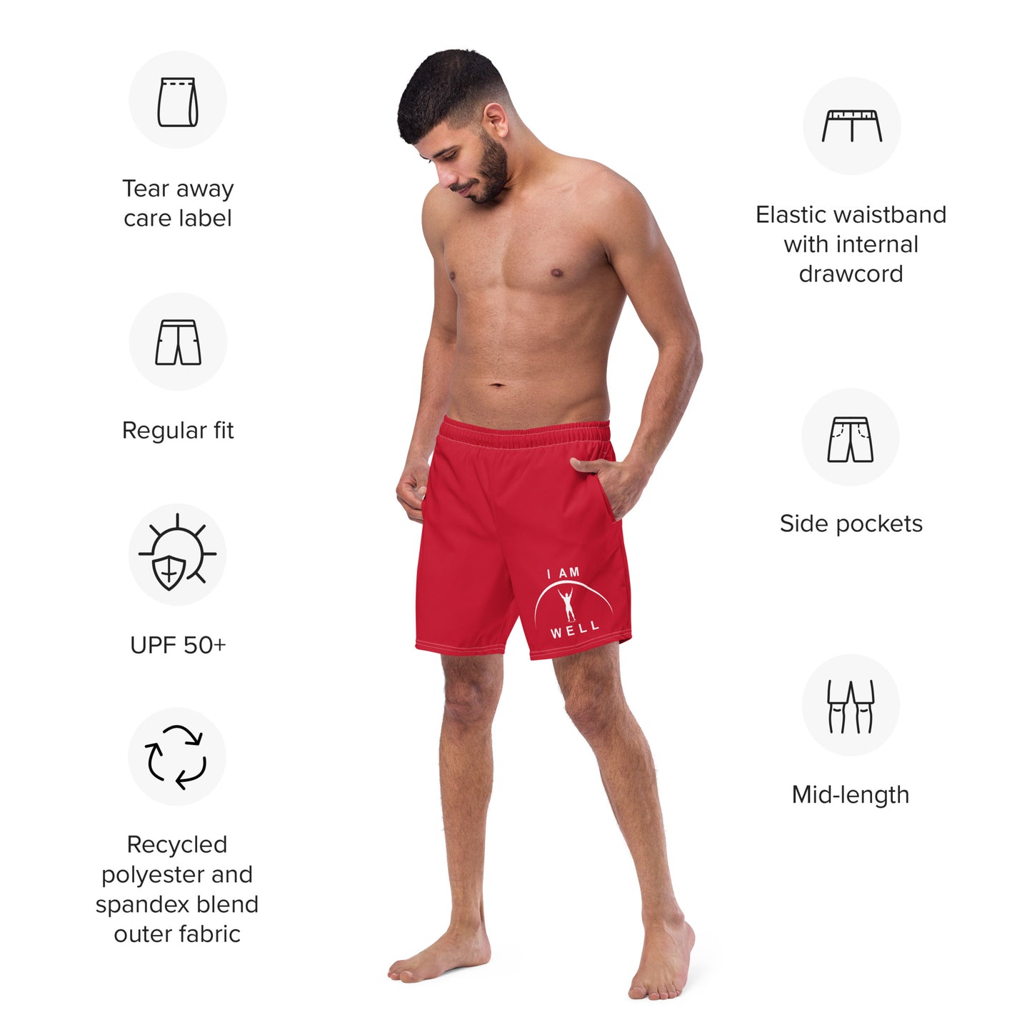 I AM WELL Men's Swim Trunks - Red w/ White Logo