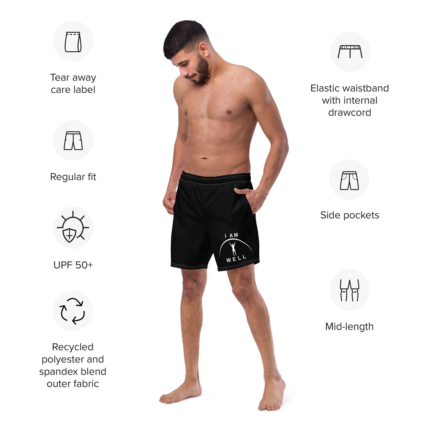 I AM WELL Men's Swim Trunks - Black w/ White Logo