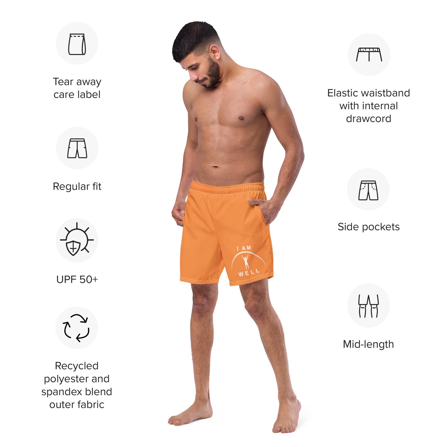 I AM WELL Men's Swim Trunks - Orange w/ White Logo