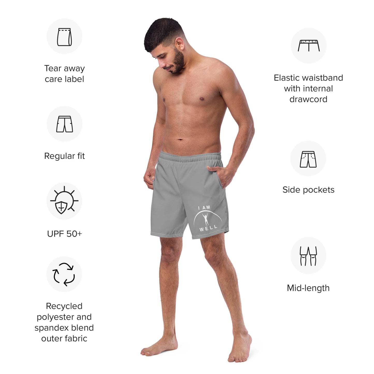 I AM WELL Men's Swim Trunks - Grey w/ White Logo