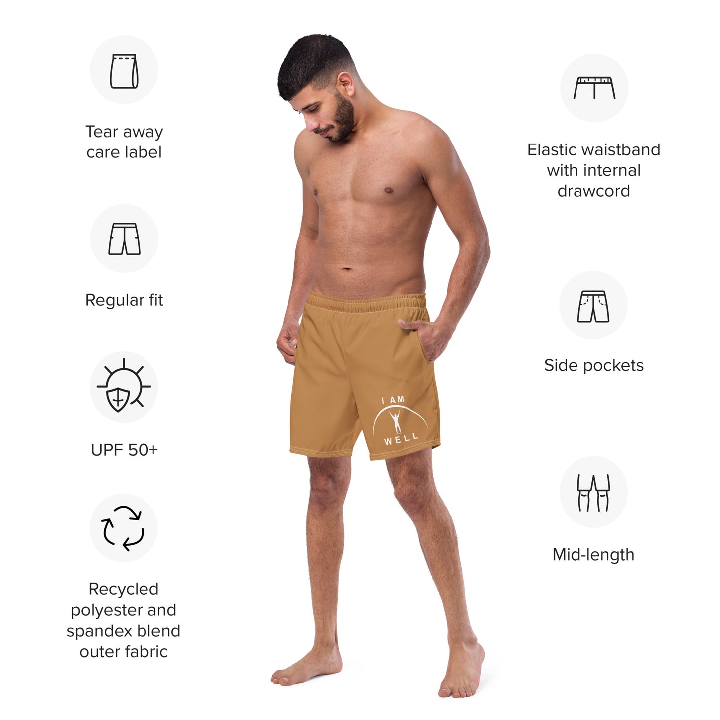 I AM WELL Men's Swim Trunks - Light Brown w/ White Logo