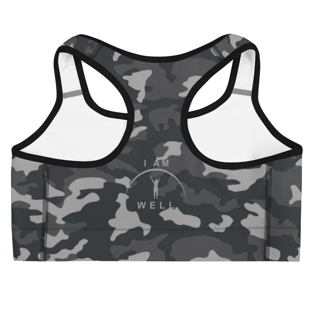 I AM WELL Women's Sports Bra Camo w/ Grey Logo