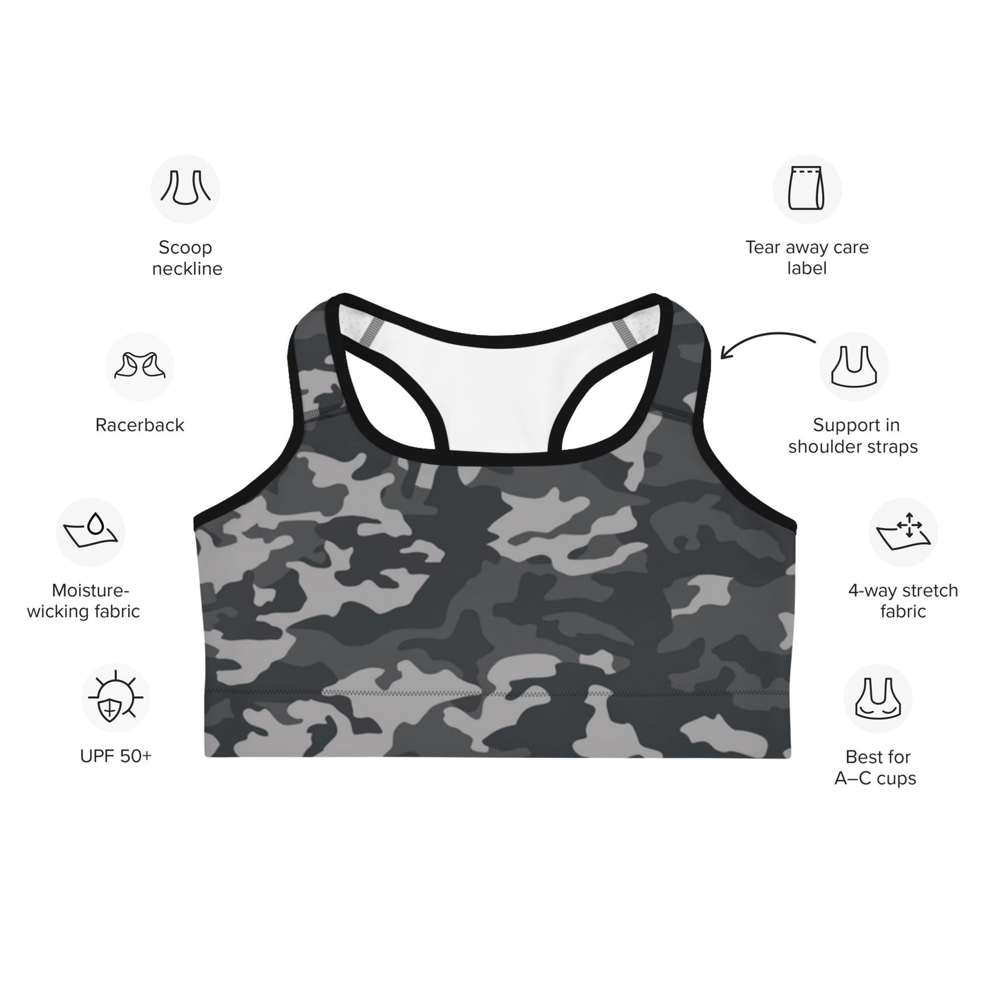 I AM WELL Women's Sports Bra Camo w/ Grey Logo