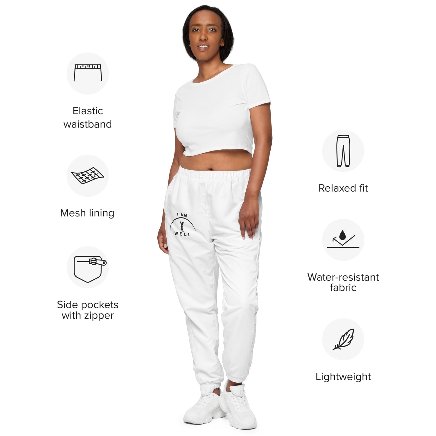 I AM WELL Women's Track Pants White w/ Black Logo