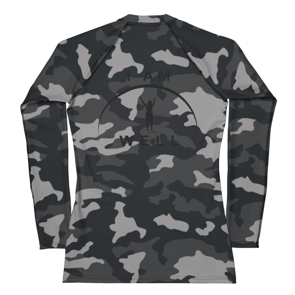 I AM WELL Women's Rash Guard Grey Camo w/ Black Logo