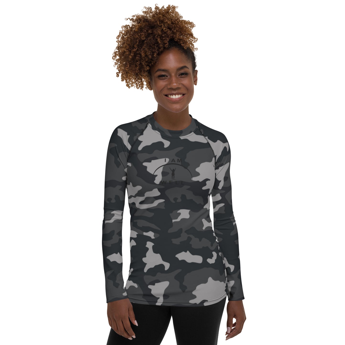 I AM WELL Women's Rash Guard Grey Camo w/ Black Logo