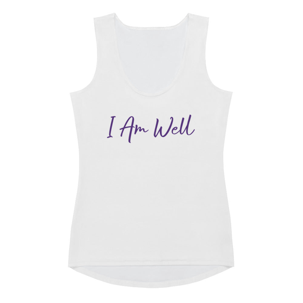 I AM WELL Women's White Tank Top w/ Purple Logo