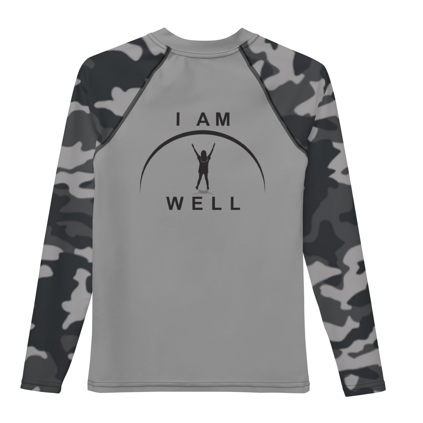 I AM WELL Young Ladies' Rash Guard Camo and Grey w/ Black Logo