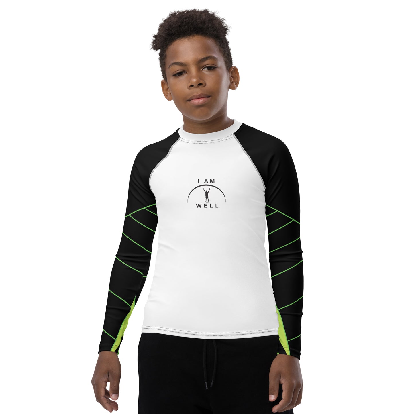 I AM WELL Young Men's Rash Guard White and Green w/ Black Logo