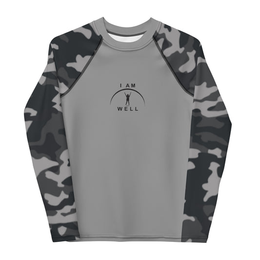 I AM WELL Young Ladies' Rash Guard Camo and Grey w/ Black Logo