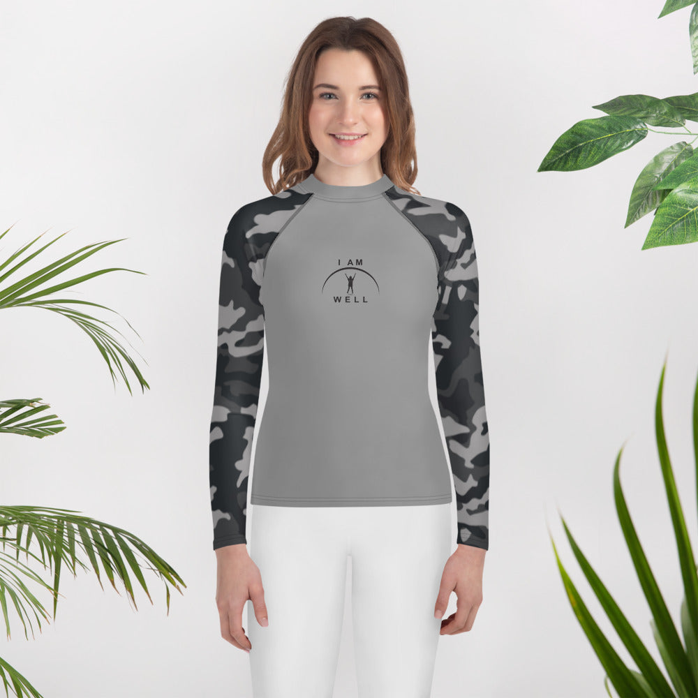 I AM WELL Young Ladies' Rash Guard Camo and Grey w/ Black Logo