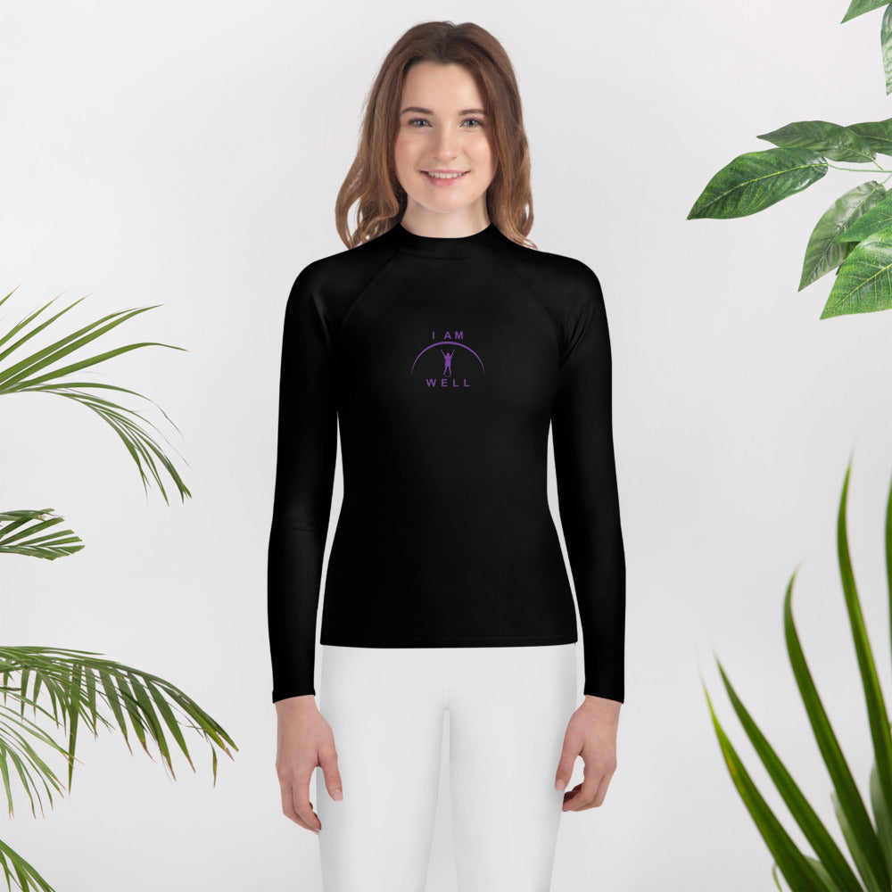 I AM WELL Young Ladies' Rash Guard Black w/ Purple Logo