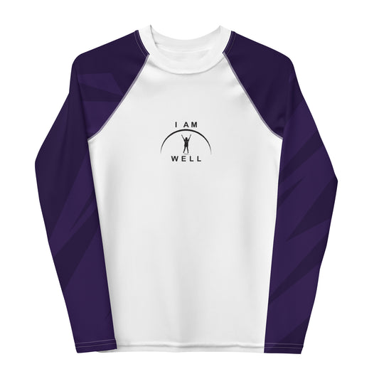 I AM WELL Young Ladies' Rash Guard White and Purple w/ Black Logo