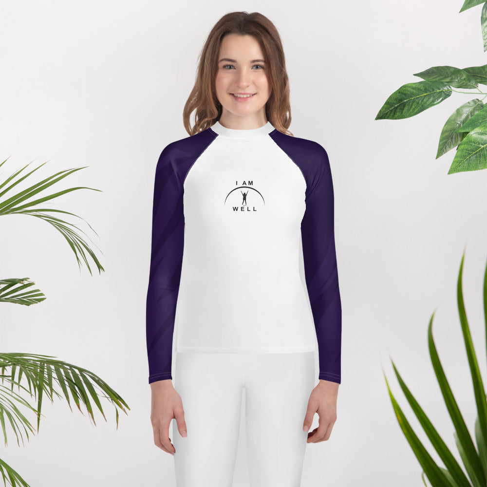 I AM WELL Young Ladies' Rash Guard White and Purple w/ Black Logo