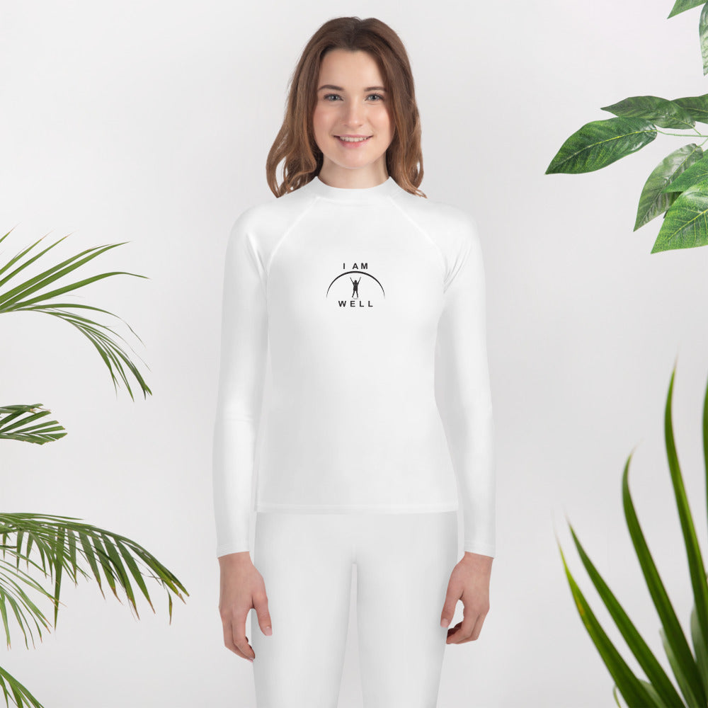 I AM WELL Young Ladies' Rash Guard White w/ Black Logo