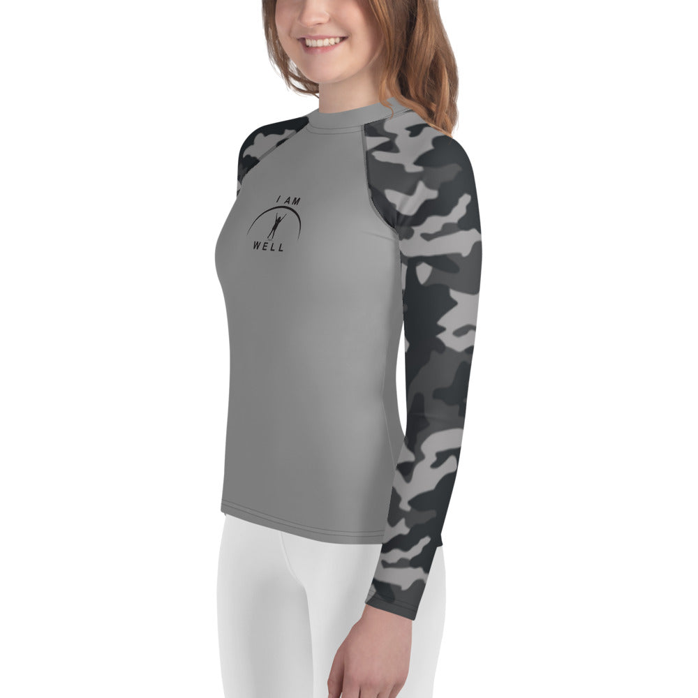 I AM WELL Young Ladies' Rash Guard Camo and Grey w/ Black Logo